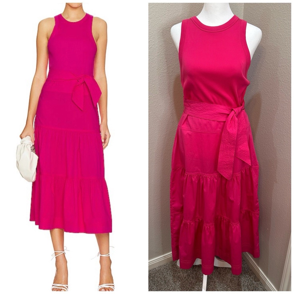 Veronica Beard Austyn Tiered Midi Dress M Fuschia Pink Cotton Preppy Party